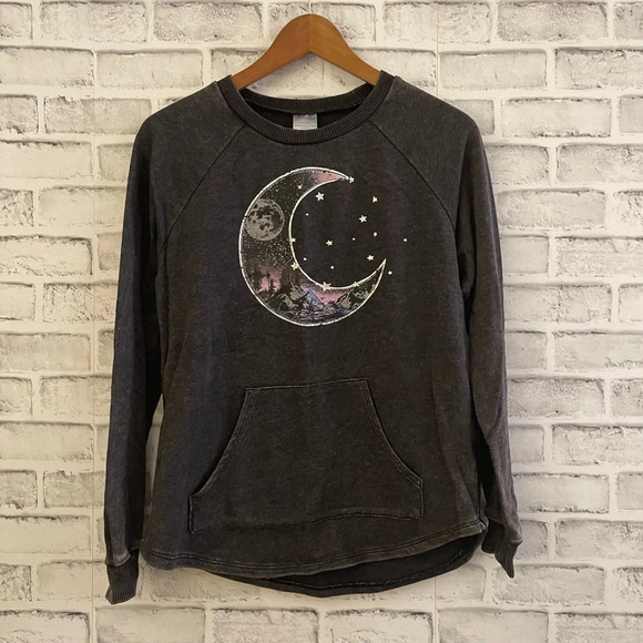 Junior’s gray pullover sweatshirt w/ universe space theme- moon, stars, Size L - Picture 1 of 4